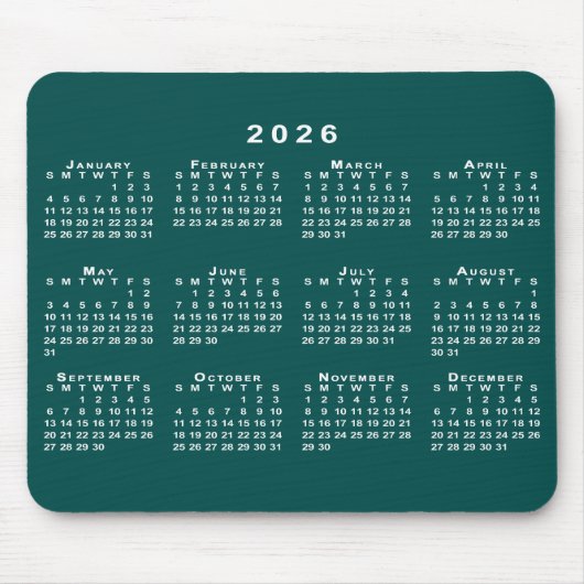 Simple Blue-Green and White 2026 Calendar Muismat (Voorkant)