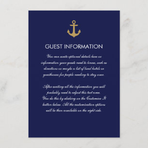 Simple Blue Nautical Anchor Wedding Insert Kaart