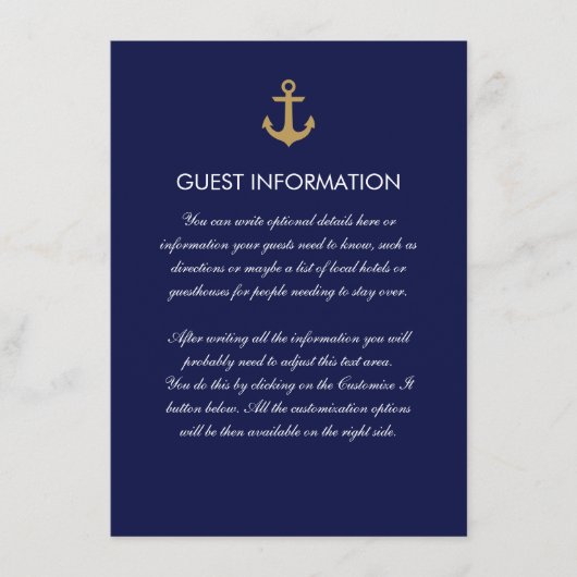 Simple Blue Nautical Anchor Wedding Insert Kaart (Voorkant)