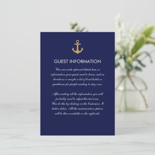 Simple Blue Nautical Anchor Wedding Insert Kaart (Staand voorkant)