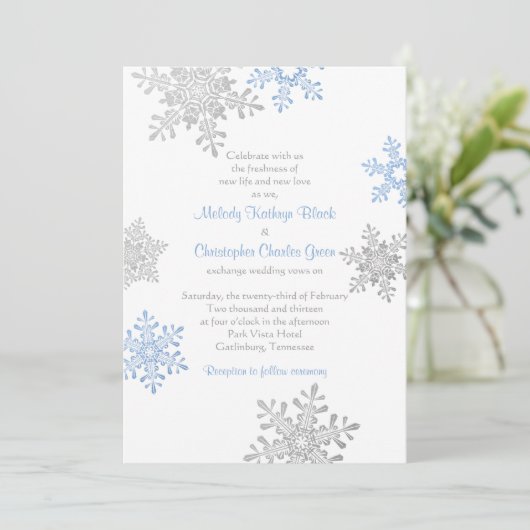 Simple Blue Silver Snowflake Winter Wedding Kaart (Staand voorkant)