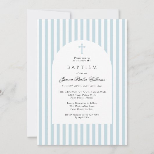 Simple Blue Stripes Baptism Invitation for Boy Kaart (Voorkant)