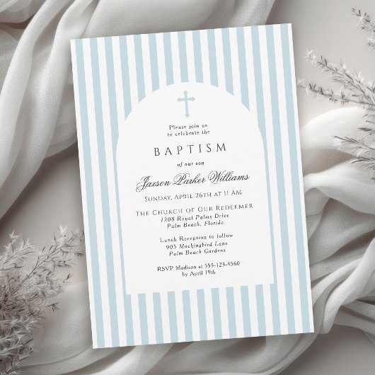Simple Blue Stripes Baptism Invitation for Boy Kaart