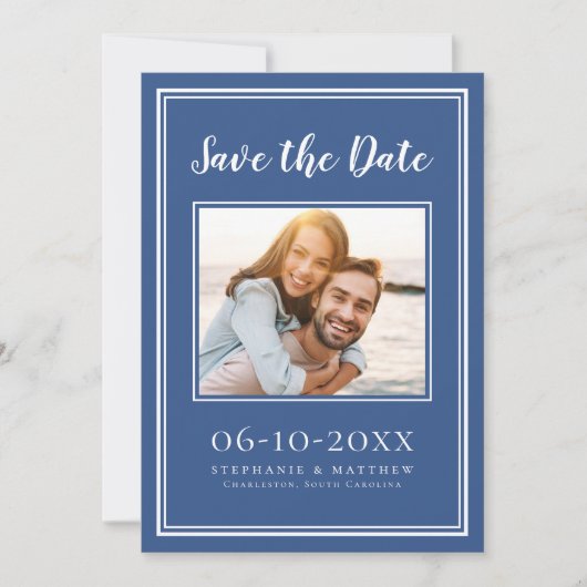Simple Blue Wedding Photo Verloving Trendy Modern Save The Date (Voorkant)