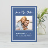 Simple Blue Wedding Photo Verloving Trendy Modern Save The Date (Staand voorkant)