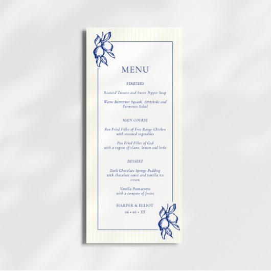 Simple Blue & Yellow Doodle Lemons Wedding Menu