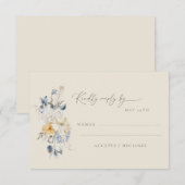 Simple Blue Yellow Floral Minimalist Wedding  RSVP Kaartje (Voorkant / Achterkant)