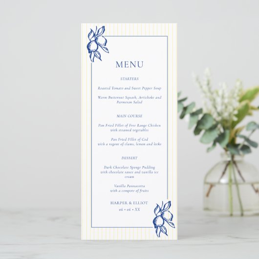 Simple Blue & Yellow Lemons Wedding Menu (Staand voorkant)