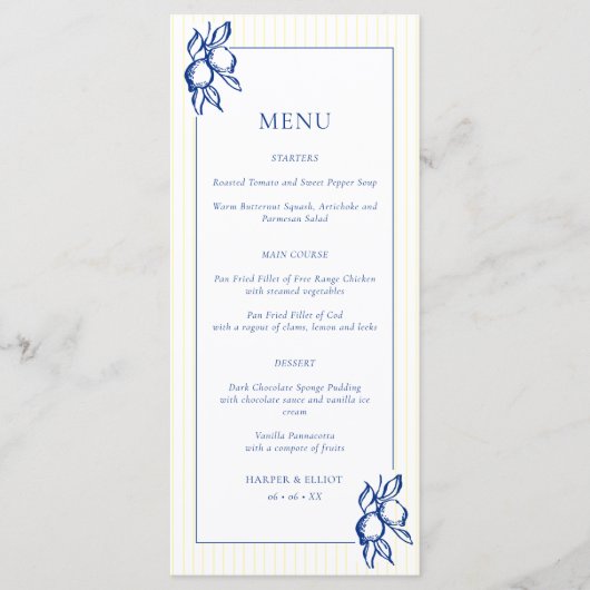 Simple Blue & Yellow Lemons Wedding Menu (Voorkant)