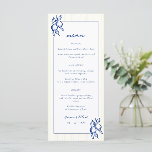 Simple Blue & Yellow Lemons Wedding Menu (Staand voorkant)
