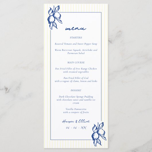 Simple Blue & Yellow Lemons Wedding Menu (Voorkant)