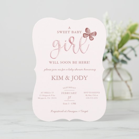 Simple Blush Butterfly Baby Girl Shower Kaart (Staand voorkant)