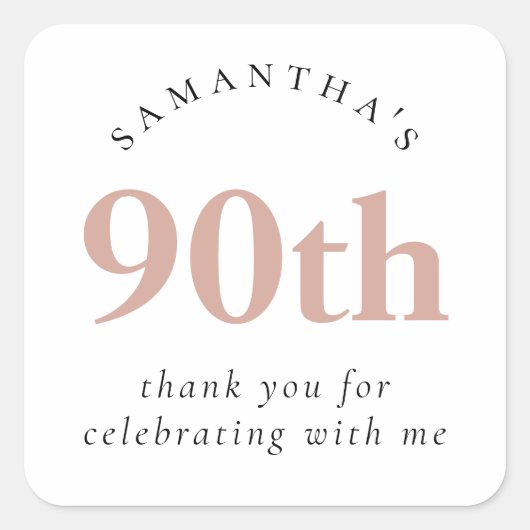 Simple Blush Pink 90th Party Dank u Vierkante Sticker (Voorkant)