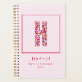 Simple Blush Pink Girly Floral Monogram Letter H Planner