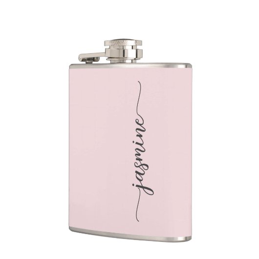 Simple Blush Pink Girly Monogram Name Handtekening Heupfles (Links)