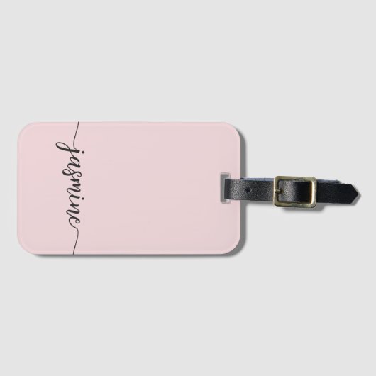 Simple Blush Pink Girly Monogram Name Script Bagagelabel (Voorkant (horizontaal))