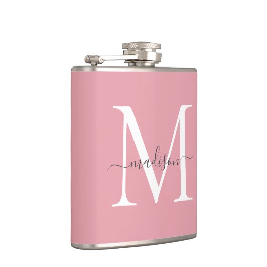 Simple Blush Pink White Grey Monogram Script Naam Heupfles (Rechts)