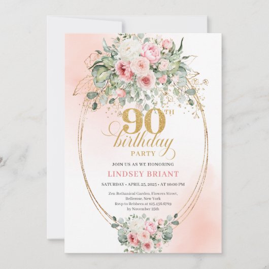Simple Blush Roses Minimal 90th Birthday Invites Kaart (Voorkant)