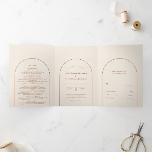 Simple Boho Arch Ivory Wedding Drieluik Uitnodiging (Binnen)