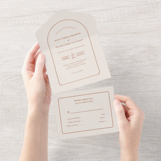 Simple Boho Arch Ivory Wedding RSVP All In One Uitnodiging (Afscheurbaar)