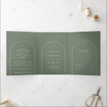 Simple Boho Arch Sage Green Wedding Drieluik Uitnodiging<br><div class="desc">Dit Eenvoudige Boho Arch Sage Green Wedding Tri-Fold Uitnodigingsontwerp kenmerkt een gesofisticeerd gedempt palet van neutraal ivoor, gekoppeld aan prachtige mix en luciferopties van roestterracotta, sage green en pruimen. De onderverklaarde elegantie van eenvoudige typografie en zachte bogen creëer een verzachtend en gepolijst estheticum met een klassieke, minimalistische stijl. De coördinerende...</div>