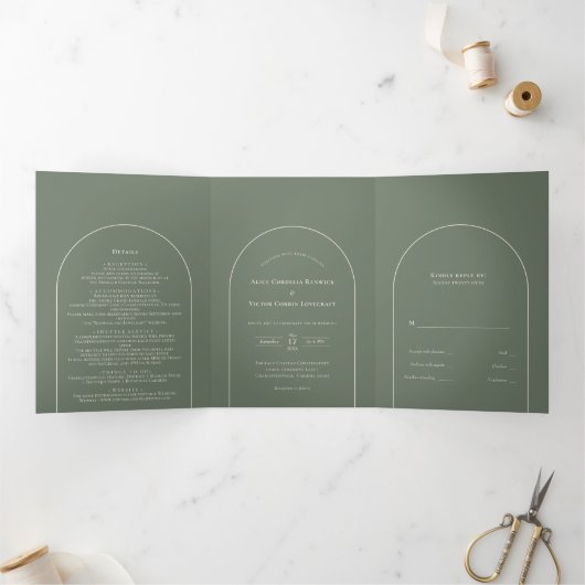 Simple Boho Arch Sage Green Wedding Drieluik Uitnodiging (Binnen)