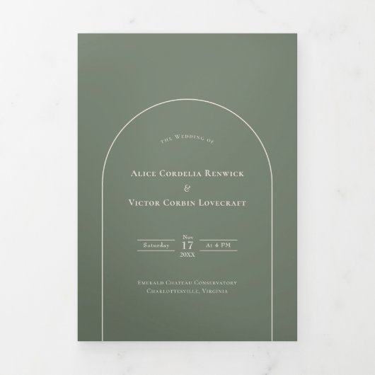 Simple Boho Arch Sage Green Wedding Drieluik Uitnodiging (Cover)