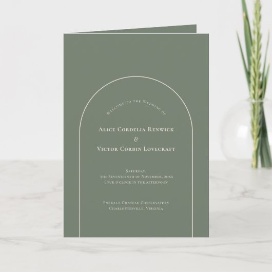 Simple Boho Arch Sage Green Wedding Folded Programma (Voorkant)