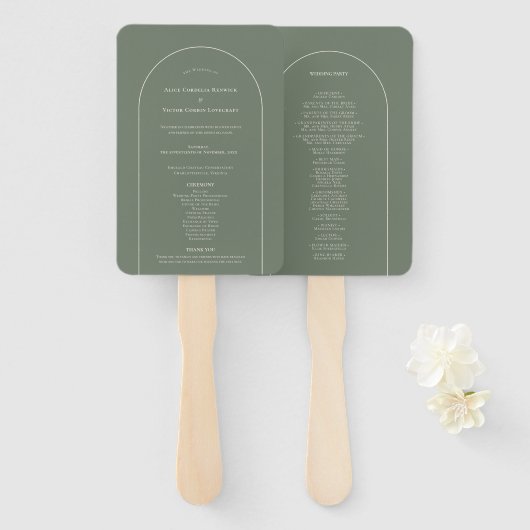 Simple Boho Arch Sage Green Wedding Programme Handwaaier (Voorkant en achterkant)