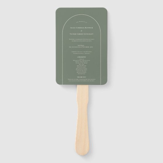 Simple Boho Arch Sage Green Wedding Programme Handwaaier (Voorkant)