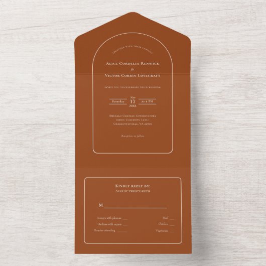 Simple Boho Arch Terracotta Wedding RSVP All In One Uitnodiging (Binnen)