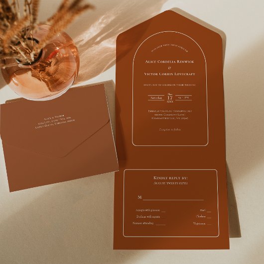 Simple Boho Arch Terracotta Wedding RSVP All In One Uitnodiging