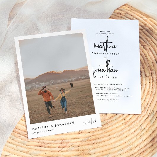 Simple Boho Black & White Elegant Photo Wedding Kaart