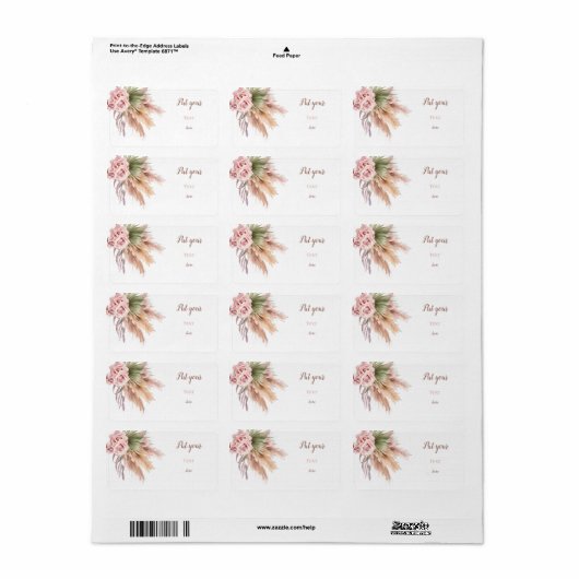 Simple Boho Chic Pampass Grass Dusty Rozen Floral Etiket (Full Sheet)