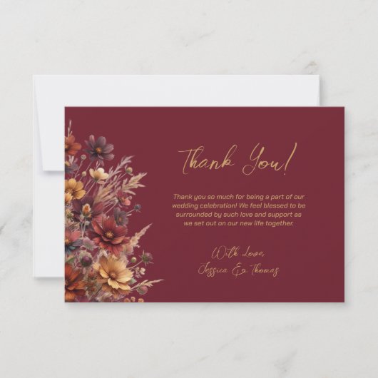 Simple Boho Chic Wildflowers Burgundy Wedding Bedankkaart (Voorkant)
