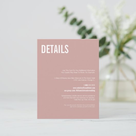 Simple Boho Dusty Roos Typography Weddenschap Deta Informatiekaartje (Staand voorkant)