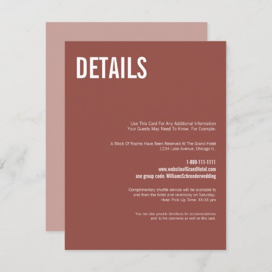 Simple Boho Dusty Roos Typography Weddenschap Deta Informatiekaartje (Voorkant / Achterkant)