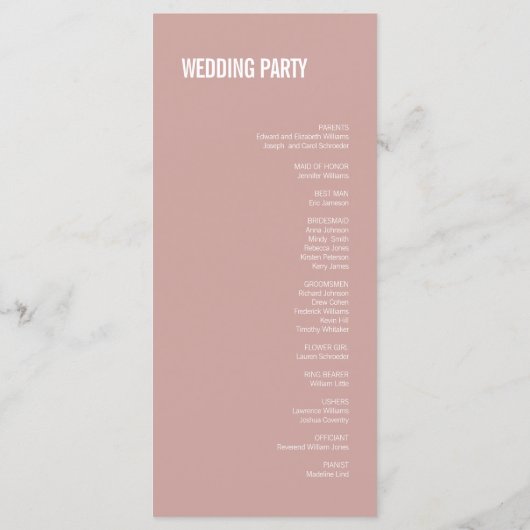 Simple Boho Dusty Roos Typography Wedding Programm Programmakaart (Achterkant)