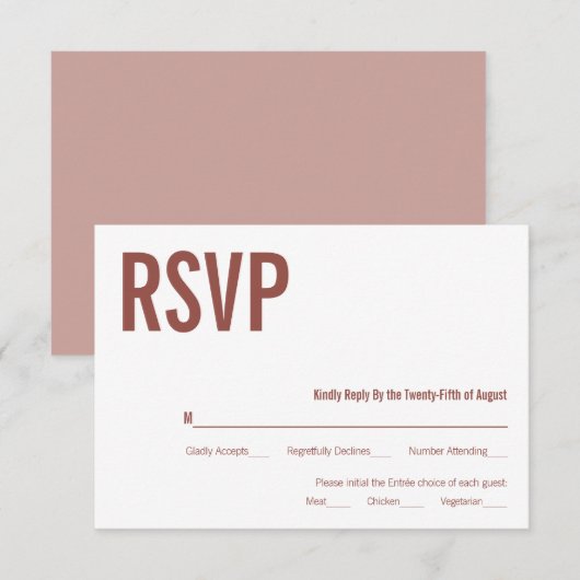 Simple Boho Dusty Roos Typography Wedding RSVP Kaartje (Voorkant / Achterkant)