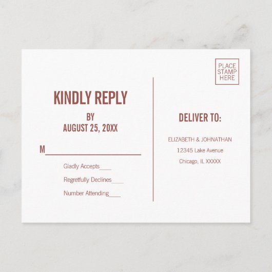 Simple Boho Dusty Roos Typography Wedding RSVP Uitnodiging Briefkaart (Achterkant)
