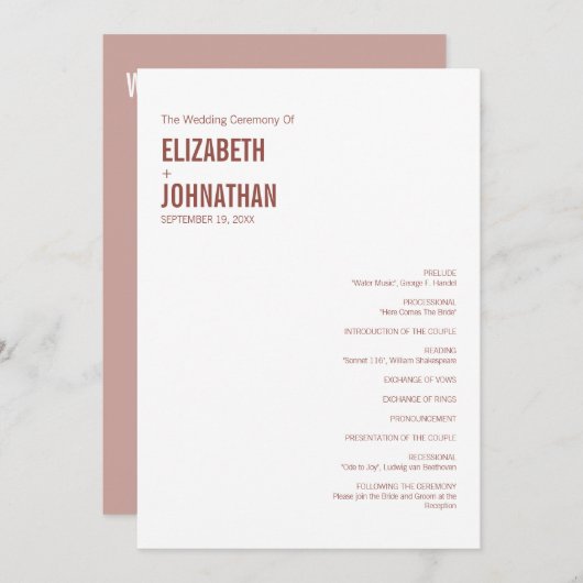 Simple Boho Dusty Roos Wedding Typografie Programmakaart (Voorkant / Achterkant)