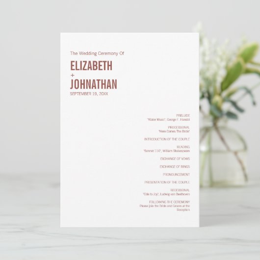 Simple Boho Dusty Roos Wedding Typografie Programmakaart (Staand voorkant)