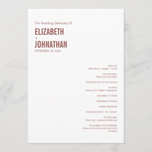 Simple Boho Dusty Roos Wedding Typografie Programmakaart (Voorkant)