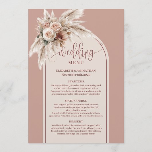 Simple Boho Dusty Rose Pampas Floral Wedding Menu (Voorkant)