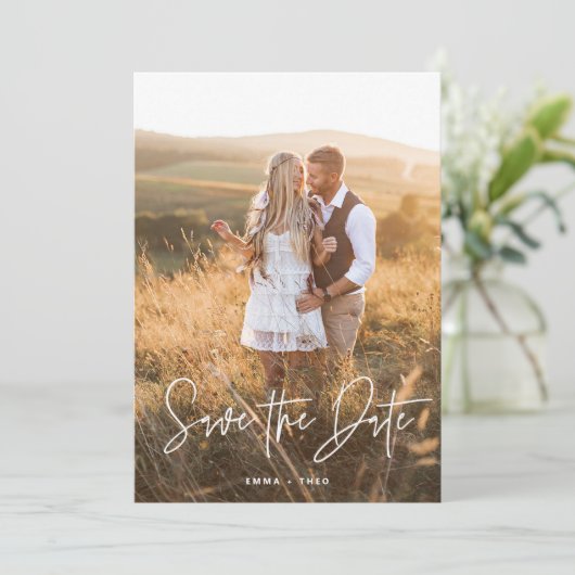 Simple Boho | Elegant modern script en foto Save The Date (Staand voorkant)