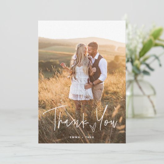 Simple Boho | Elegant script met hart en foto's Bedankkaart (Staand voorkant)