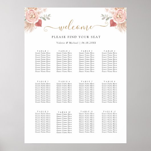 Simple Boho Florals Wedding Seating Chart Poster (Voorkant)