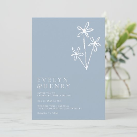 Simple Boho Minimalist Dusty Blue Wedding Kaart (Staand voorkant)