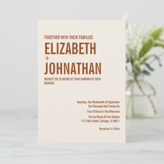 Simple Boho Terracotta Typography Wedding Invitati Kaart (Staand voorkant)