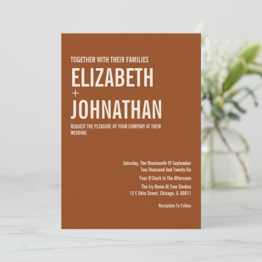 Simple Boho Terracotta Typography Wedding Kaart (Staand voorkant)